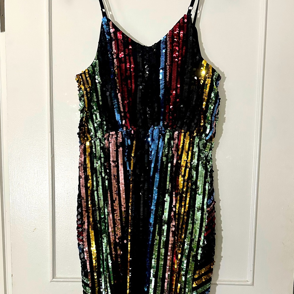 JOA Women's Striped Multicolor Sequin Dress Small Med Stretchy Mesh Metallic - Picture 3 of 7